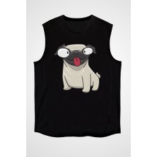 Darkhane Dil Çıkaran Pug  Siyah Unisex Kolsuz Tişört Kesik Kol T-Shirt