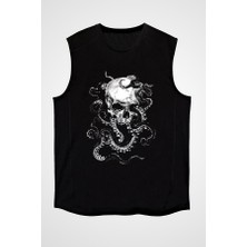 Darkhane Kurukafa ve Ahtapot Siyah Unisex Kolsuz Tişört Kesik Kol T-Shirt