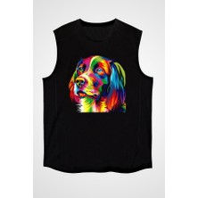 Darkhane Renkli Köpek Siyah Unisex Kolsuz Tişört Kesik Kol T-Shirt