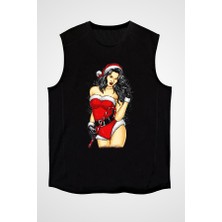 Darkhane Yılbaşı Yeni Yıl Noel Anne Siyah Unisex Kolsuz Tişört Kesik Kol T-Shirt