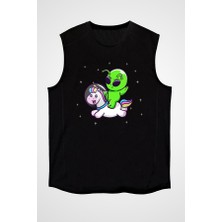 Darkhane Şirin Unicorn ve Alien Siyah Unisex Kolsuz Tişört Kesik Kol T-Shirt