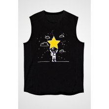 Darkhane Yıldız Tutan Astronot Siyah Unisex Kolsuz Tişört Kesik Kol T-Shirt