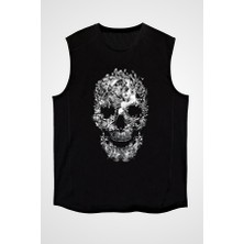 Darkhane Kelebekli Kurukafa Siyah Unisex Kolsuz Tişört Kesik Kol T-Shirt