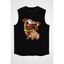 Darkhane Sinirli Şeker Pug Siyah Unisex Kolsuz Tişört Kesik Kol T-Shirt