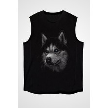 Darkhane Geceyarısı Sibirya Kurdu Husky Haski Siyah Unisex Kolsuz Tişört Kesik Kol T-Shirt