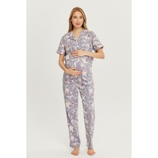 Likapa Penye Önden Düğmeli Hamile Lohusa Kısa Kol Pijama Takımı ,%100 Cotton