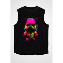 Darkhane Renkli Ayıcık Siyah Unisex Kolsuz Tişört Kesik Kol T-Shirt