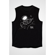 Darkhane Roket Süren Astronot Siyah Unisex Kolsuz Tişört Kesik Kol T-Shirt