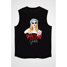 Darkhane Wow Girls Fashion Siyah Unisex Kolsuz Tişört Kesik Kol T-Shirt