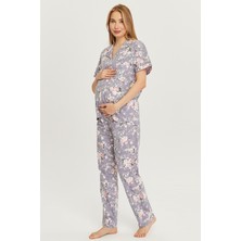 Likapa Penye Önden Düğmeli Hamile Lohusa Kısa Kol Pijama Takımı ,%100 Cotton