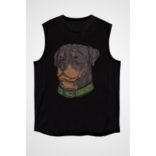 Darkhane Asil Köpek Rottweiler Siyah Unisex Kolsuz Tişört Kesik Kol T-Shirt