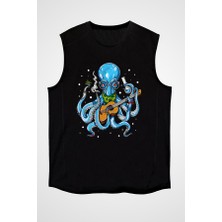 Darkhane Gitarist Ahtapot Siyah Unisex Kolsuz Tişört Kesik Kol T-Shirt