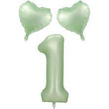 Best Parti 1 Yaş Su Yeşili Renk Rakam Kalp Folyo Balon Seti