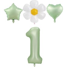 Best Parti 1 Yaş Su Yeşili Renk Rakam Yıldız Kalp ve Papatya Folyo Balon Seti