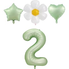 Best Parti 2 Yaş Su Yeşili Renk Rakam Yıldız Kalp ve Papatya Folyo Balon Seti