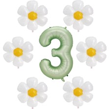 Best Parti Su Yeşili Renk Rakam ve 6 Adet Papatya Folyo Balon Seti Yaş 3