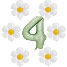 Best Parti Su Yeşili Renk Rakam ve 6 Adet Papatya Folyo Balon Seti Yaş 4