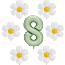 Best Parti Su Yeşili Renk Rakam ve 6 Adet Papatya Folyo Balon Seti Yaş 8
