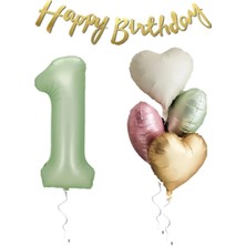 Best Parti Su Yeşili Renk Rakam Kalp Balon Happy Bırthday Yazılı Doğum Günü Seti Yaş 1