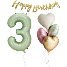 Best Parti Su Yeşili Renk Rakam Kalp Balon Happy Bırthday Yazılı Doğum Günü Seti Yaş 3