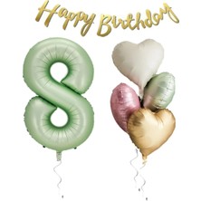 Best Parti Su Yeşili Renk Rakam Kalp Balon Happy Bırthday Yazılı Doğum Günü Seti Yaş 8
