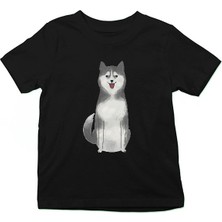 Darkhane Şirin Sibirya Kurdu Husky Haski Siyah Unisex Çocuk Tişört T-Shirt