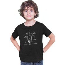 Darkhane Kalpli Balon Tutan Astronot Siyah Unisex Çocuk Tişört T-Shirt