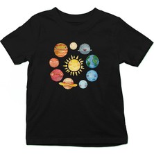 Darkhane Güneş Sistemi Gezegenler Siyah Unisex Çocuk Tişört T-Shirt
