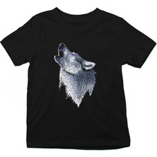 Darkhane Uluyan Sibirya Kurdu Husky Haski Siyah Unisex Çocuk Tişört T-Shirt
