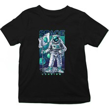 Darkhane Uzaya Iniş Astronot Siyah Unisex Çocuk Tişört T-Shirt