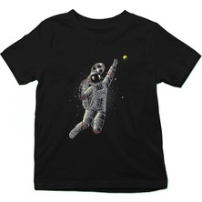 Darkhane Tenis Oynayan Astronot Siyah Unisex Çocuk Tişört T-Shirt