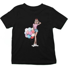 Darkhane Renkli Balonlar ve Kız Siyah Unisex Çocuk Tişört T-Shirt