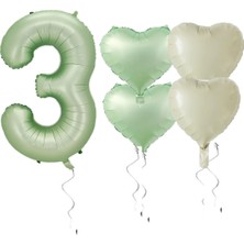 Rönesans Parti Su Yeşili Renk Rakam Kalp Folyo Balon Seti Yaş 3