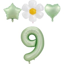 Rönesans Parti 9 Yaş Su Yeşili Renk Rakam Yıldız Kalp ve Papatya Folyo Balon Seti