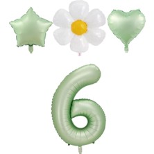 Rönesans Parti 6 Yaş Su Yeşili Renk Rakam Yıldız Kalp ve Papatya Folyo Balon Seti