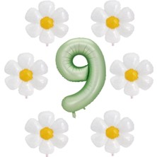 Rönesans Parti Su Yeşili Renk Rakam ve 6 Adet Papatya Folyo Balon Seti Yaş 9