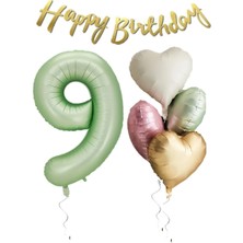 Rönesans Parti Su Yeşili Renk Rakam Kalp Balon Happy Bırthday Yazılı Doğum Günü Seti Yaş 9