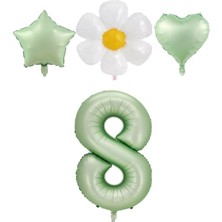 Rönesans Parti 8 Yaş Su Yeşili Renk Rakam Yıldız Kalp ve Papatya Folyo Balon Seti