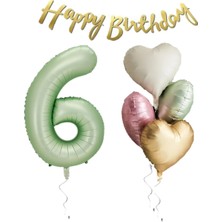 Rönesans Parti Su Yeşili Renk Rakam Kalp Balon Happy Bırthday Yazılı Doğum Günü Seti Yaş 6