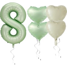 Rönesans Parti Su Yeşili Renk Rakam Kalp Folyo Balon Seti Yaş 8