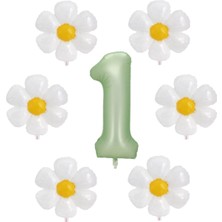 Bal10 Dünyası Su Yeşili Renk Rakam ve 6 Adet Papatya Folyo Balon Seti Yaş 1
