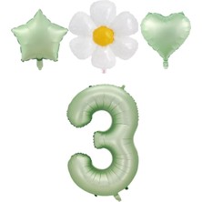 Bal10 Dünyası 3 Yaş Su Yeşili Renk Rakam Yıldız Kalp ve Papatya Folyo Balon Seti