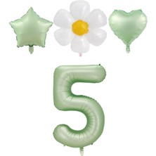 Bal10 Dünyası 5 Yaş Su Yeşili Renk Rakam Yıldız Kalp ve Papatya Folyo Balon Seti