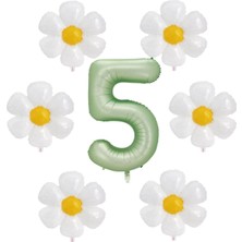 Bal10 Dünyası Su Yeşili Renk Rakam ve 6 Adet Papatya Folyo Balon Seti Yaş 5