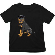 Darkhane Oturan Rottweiler Siyah Unisex Çocuk Tişört T-Shirt