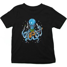 Darkhane Gitarist Ahtapot Siyah Unisex Çocuk Tişört T-Shirt