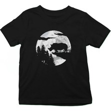 Darkhane Dolunayda Gergedan Siyah Unisex Çocuk Tişört T-Shirt