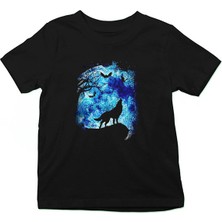Darkhane Uluyan Kurt Siyah Unisex Çocuk Tişört T-Shirt