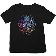 Darkhane Rengarenk Ahtapot Siyah Unisex Çocuk Tişört T-Shirt