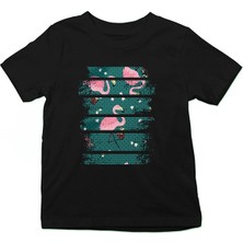 Darkhane Hindistan Cevizi ve Flamingo Siyah Unisex Çocuk Tişört T-Shirt